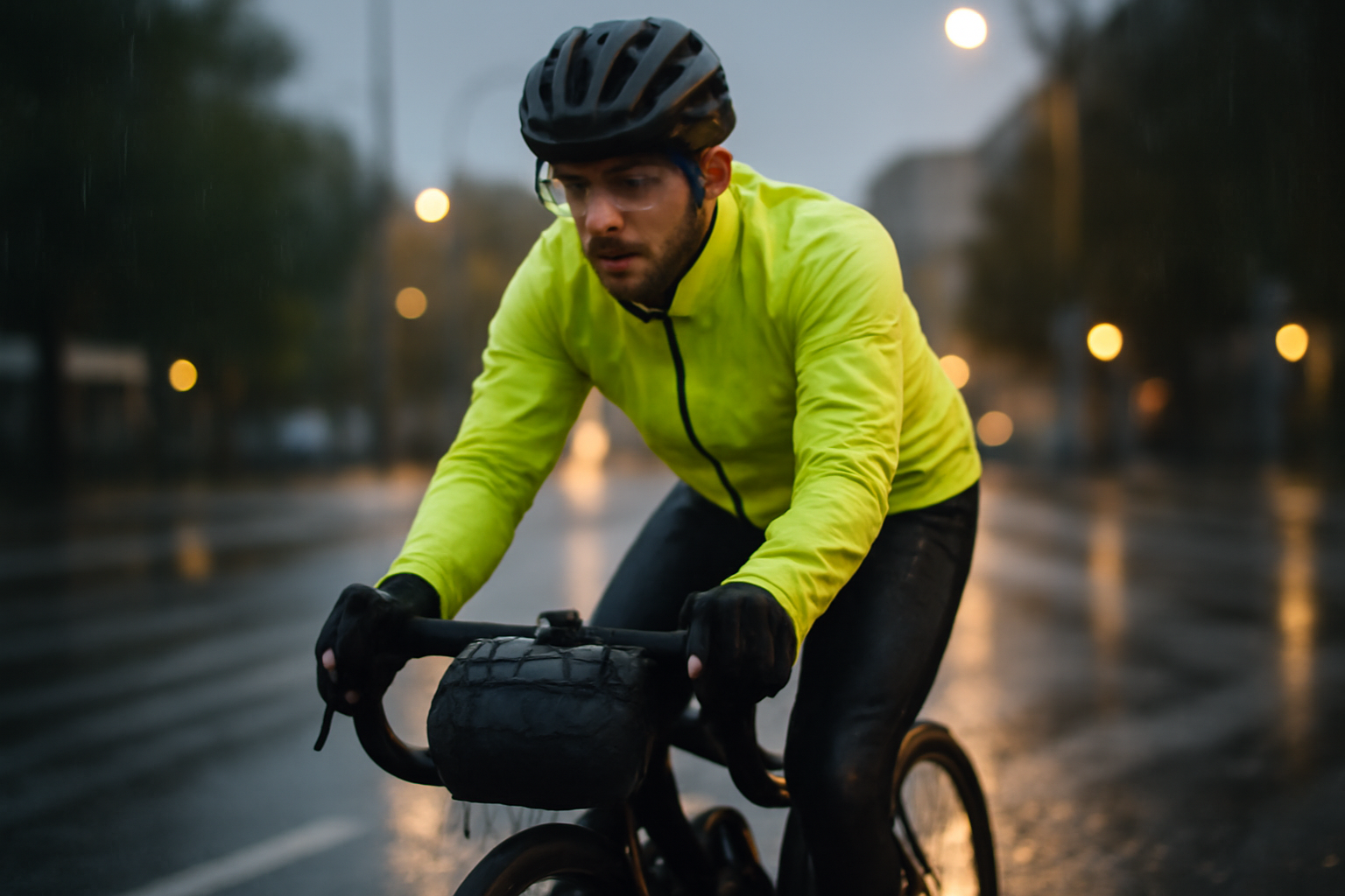 Vélo de route sous la pluie avec cycliste équipé, lumière de ville