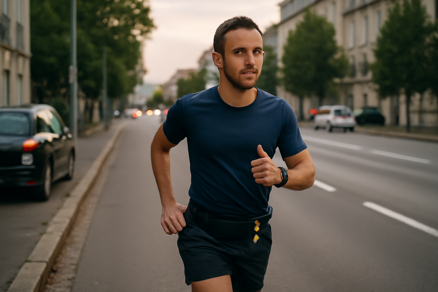 10km en 1h : coureur en préparation sur route au lever du jour