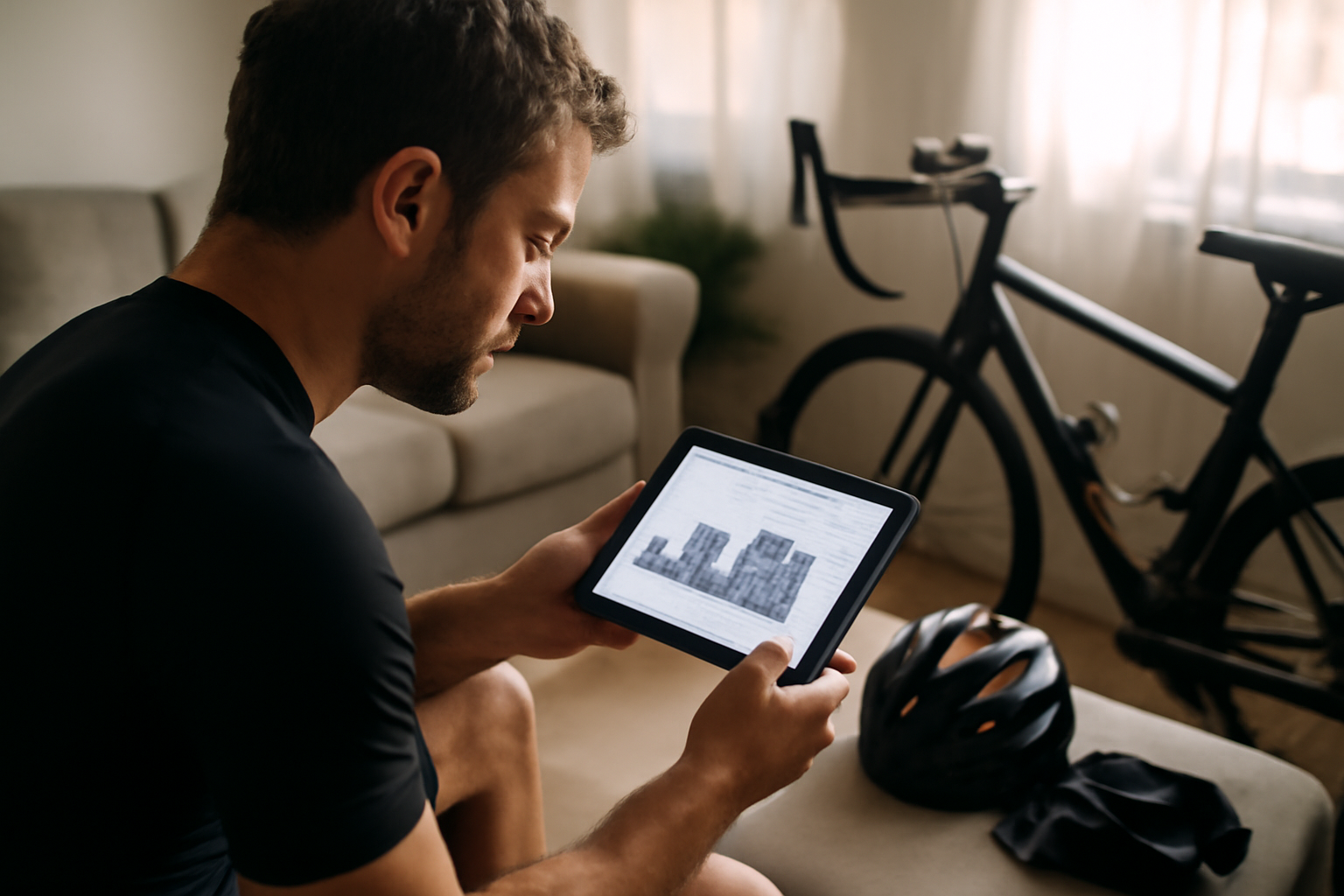 Tablette affichant un plan d'entraînement vélo avec intervalles