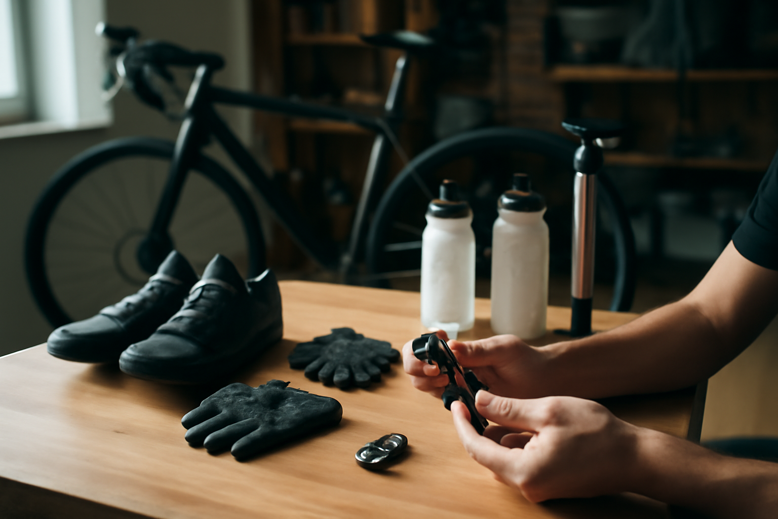 Cintre de vélo et accessoires rangés sur une table pour comparer