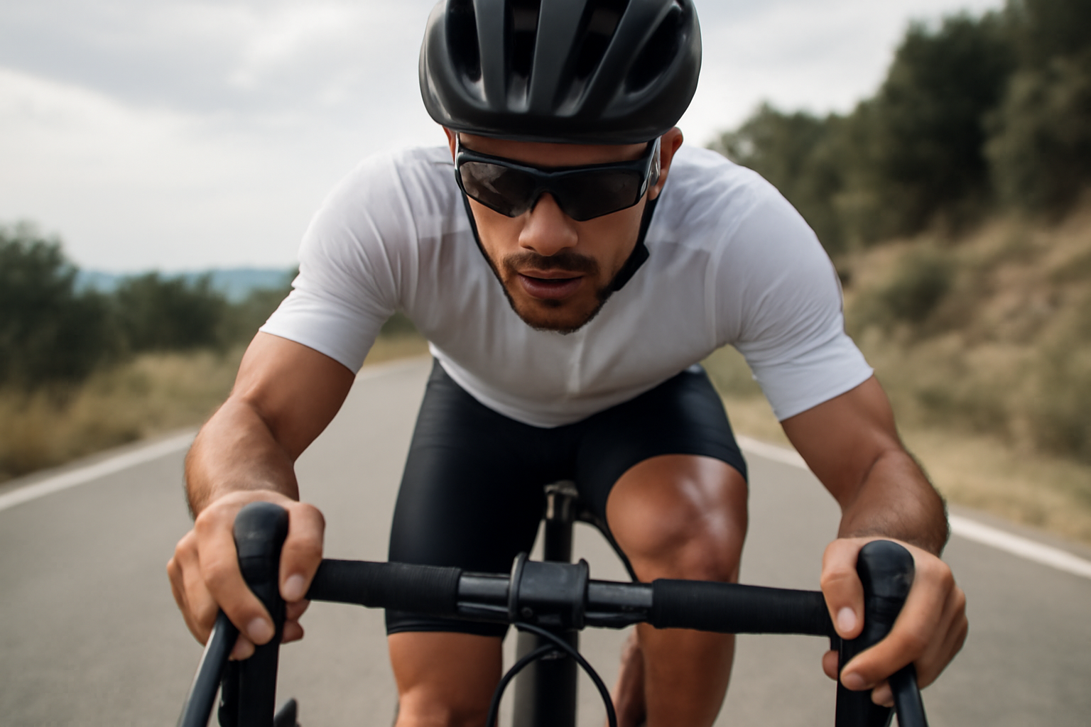 Cycliste en position sur route, compteur et posture observés