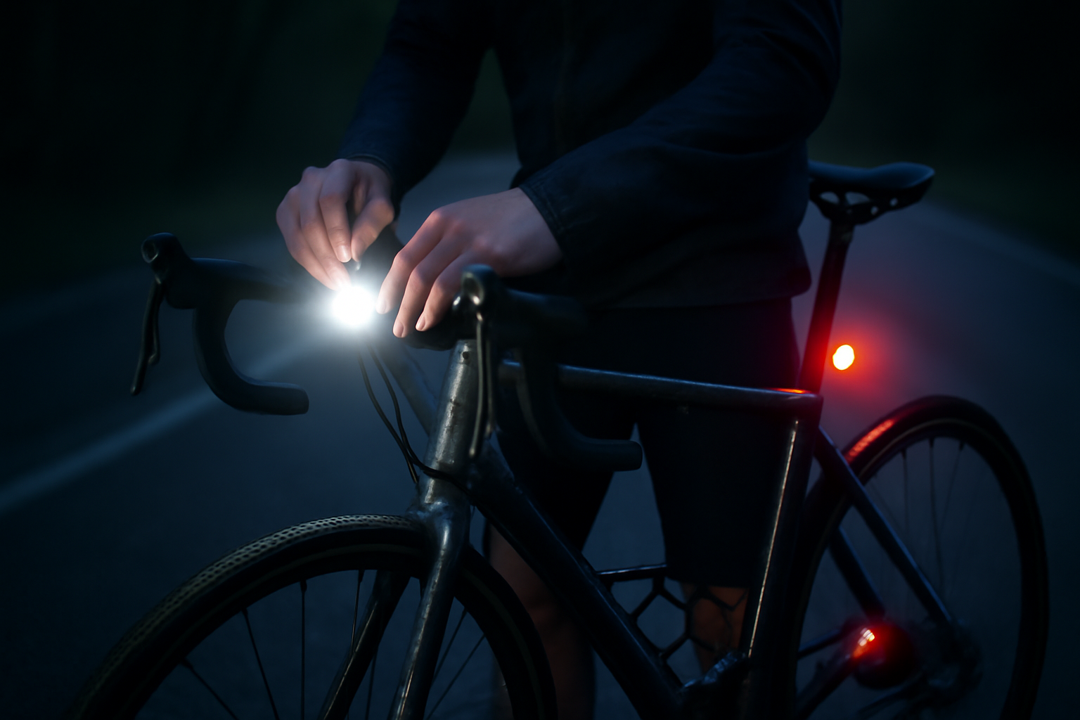 Éclairage vélo allumé sur route sombre, sécurité en priorité