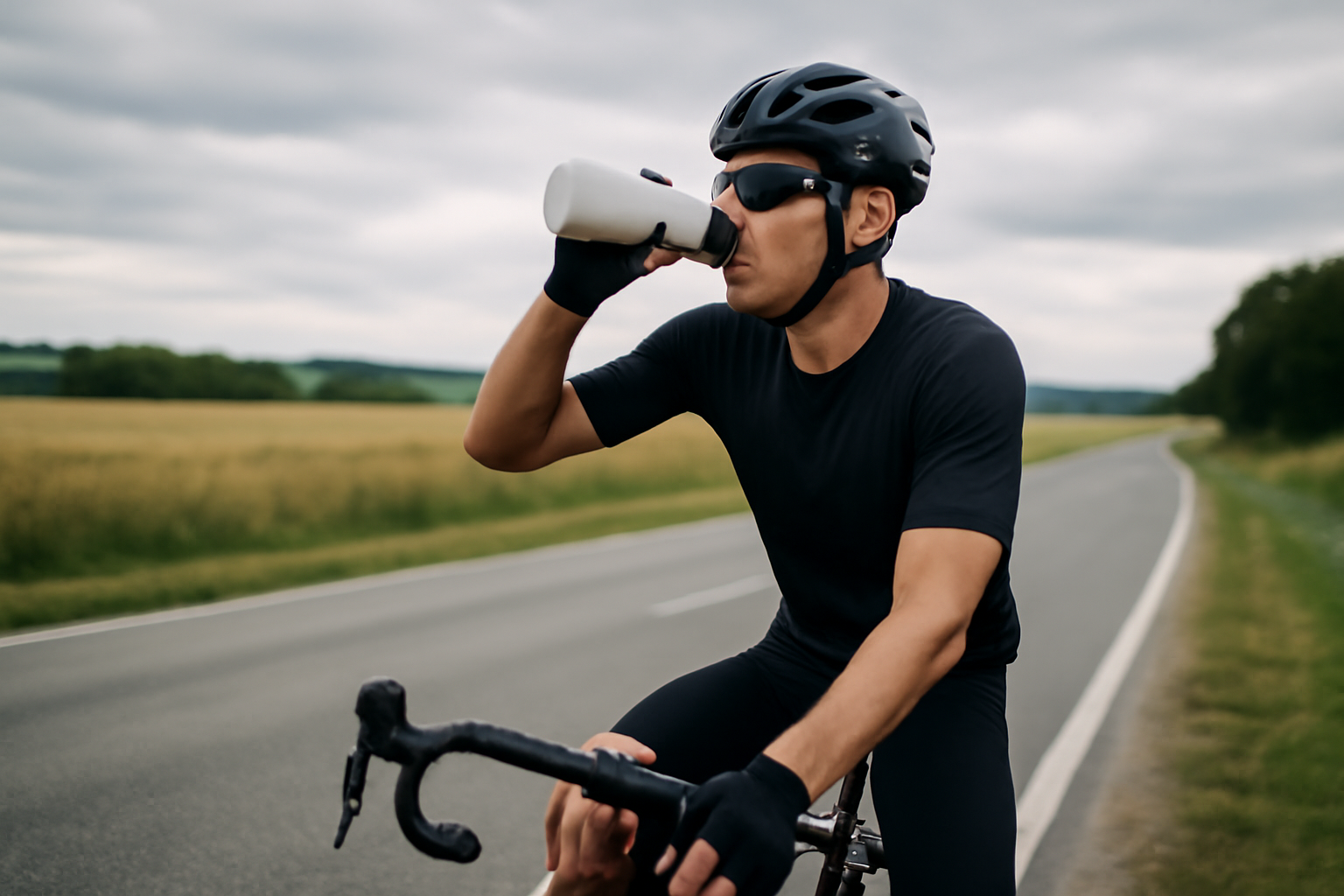Cycliste buvant à un bidon pendant une sortie longue