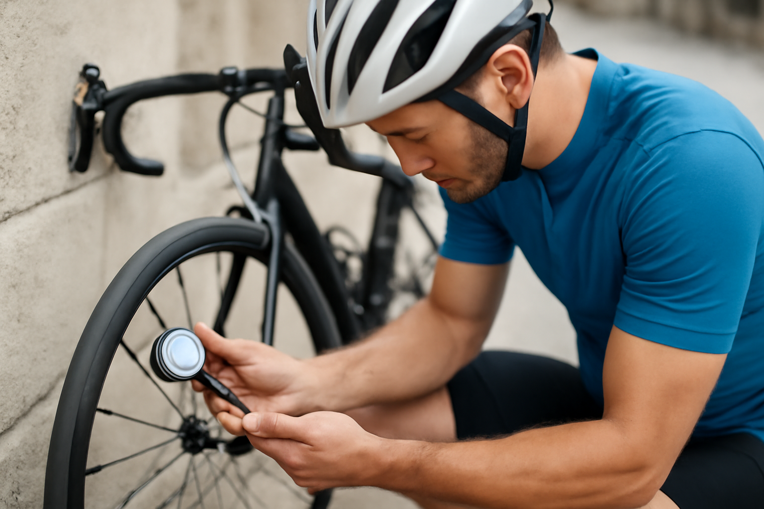 Personne vérifiant la pression des pneus avec un manomètre près d'un vélo