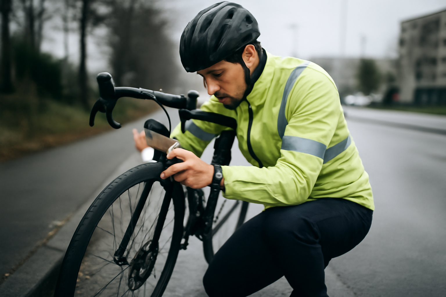 Cycliste en tenue réfléchissante ajustant son éclairage et sa pression de pneus sur le bord de la route par temps gris