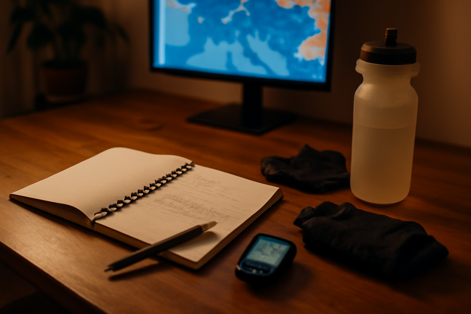 Table de travail avec carnet d’entraînement, compteur vélo, gants et bidon, préparation pour sortie longue
