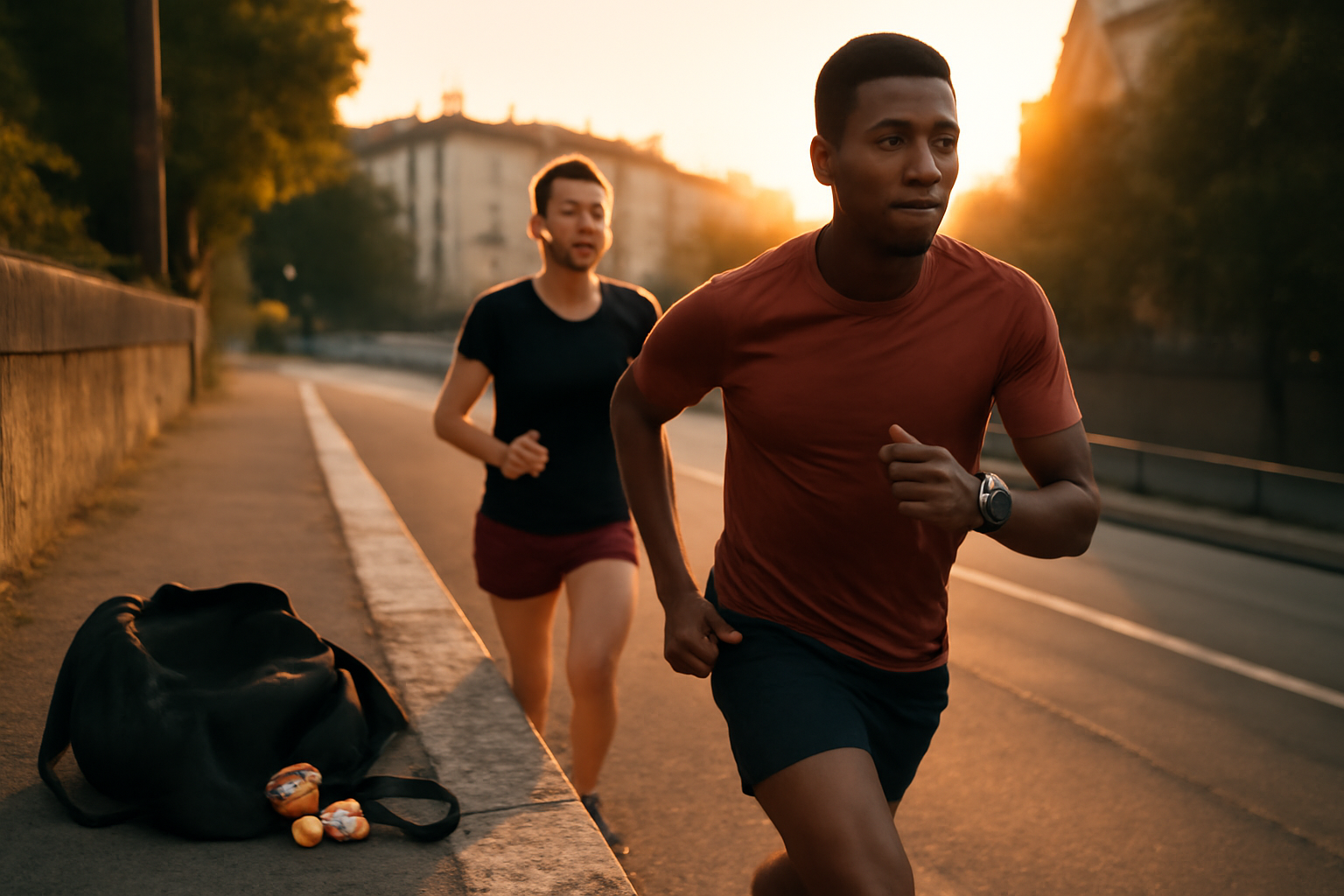 affutage marathon : coureurs sur route au lever du soleil avec chronomètre et montre