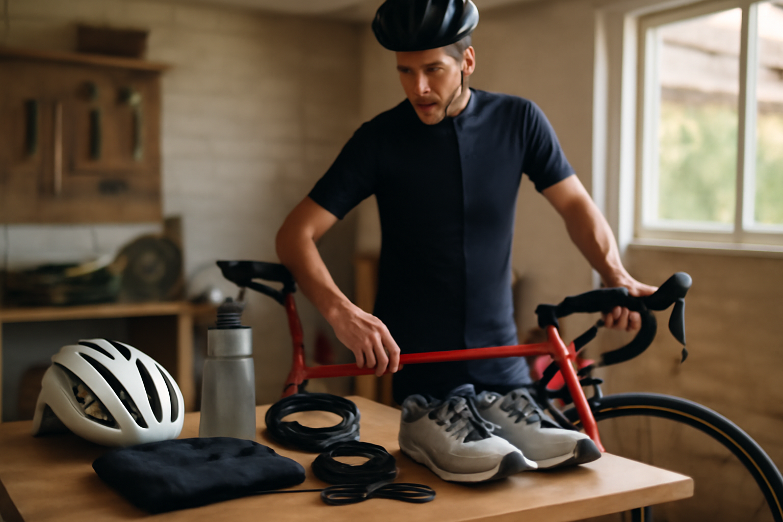 Vélo de route et équipements de running disposés sur une table avant la sortie, éclairage naturel, ambiance sportive