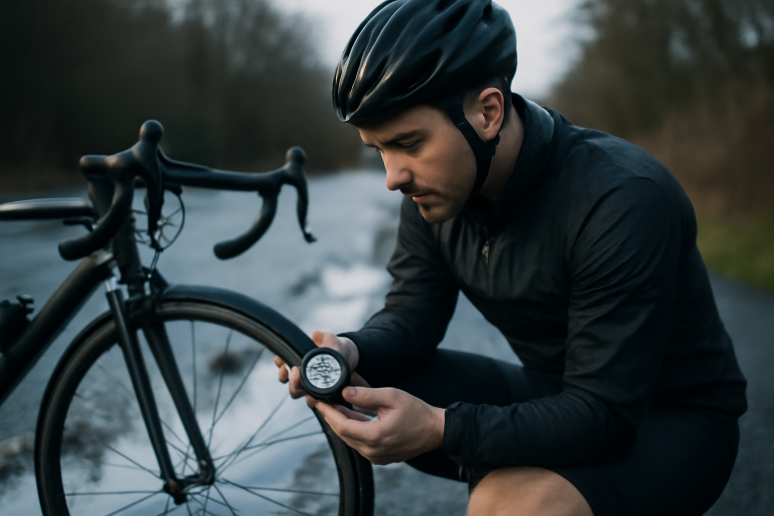 Pneus de vélo et jauge de pression au bord d’une route humide, lumière froide, ambiance sportive