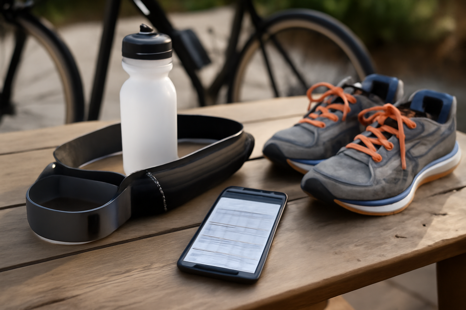 Gourde et ceinture d’hydratation posées à côté d’un téléphone avec planning d’entraînement, ambiance atelier de préparation