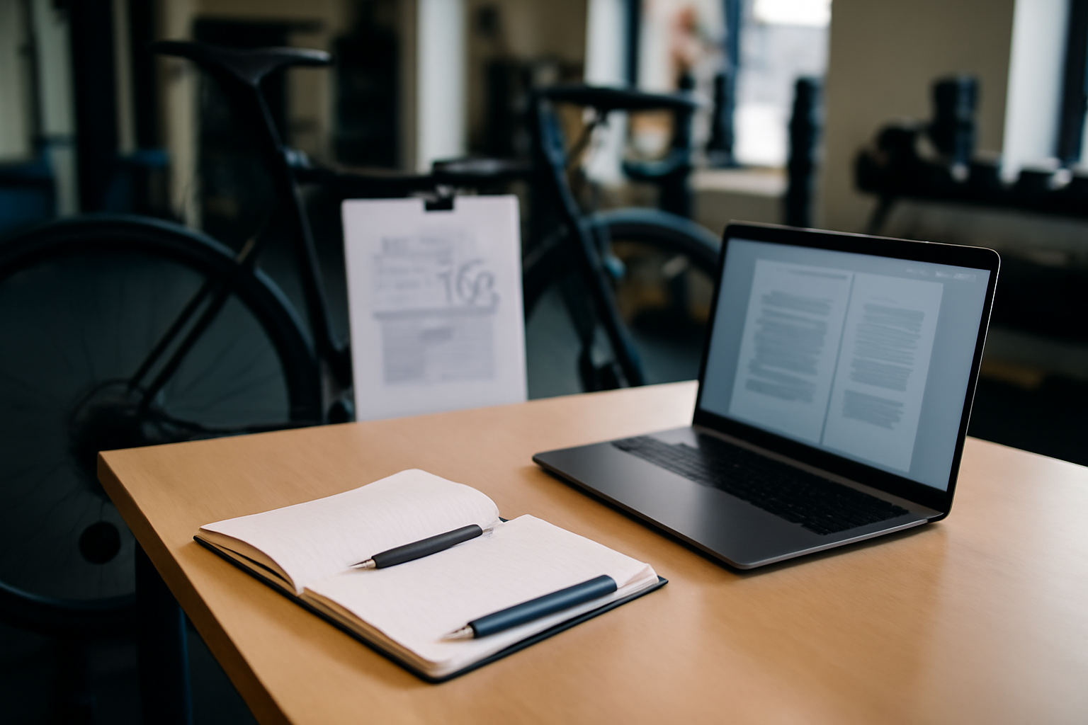 Photo photoréaliste d’un tapis de bureau avec carnet, stylos, ordinateur et fiches techniques vélo, ambiance atelier sportif