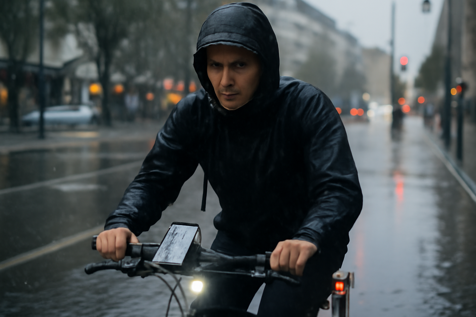 Cycliste en ville sous la pluie, mains sur le guidon, visibilité avec éclairage, style photoréaliste