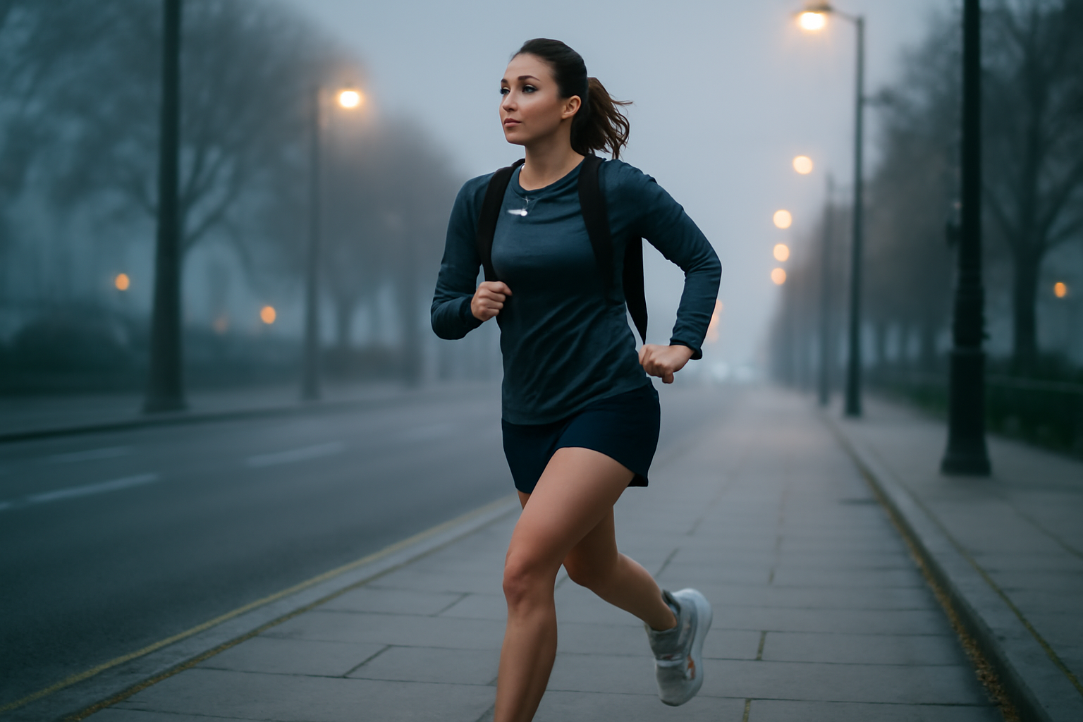 courir le matin a jeun sur trottoir au lever du jour, coureur en tenue légère, lumière froide et brume