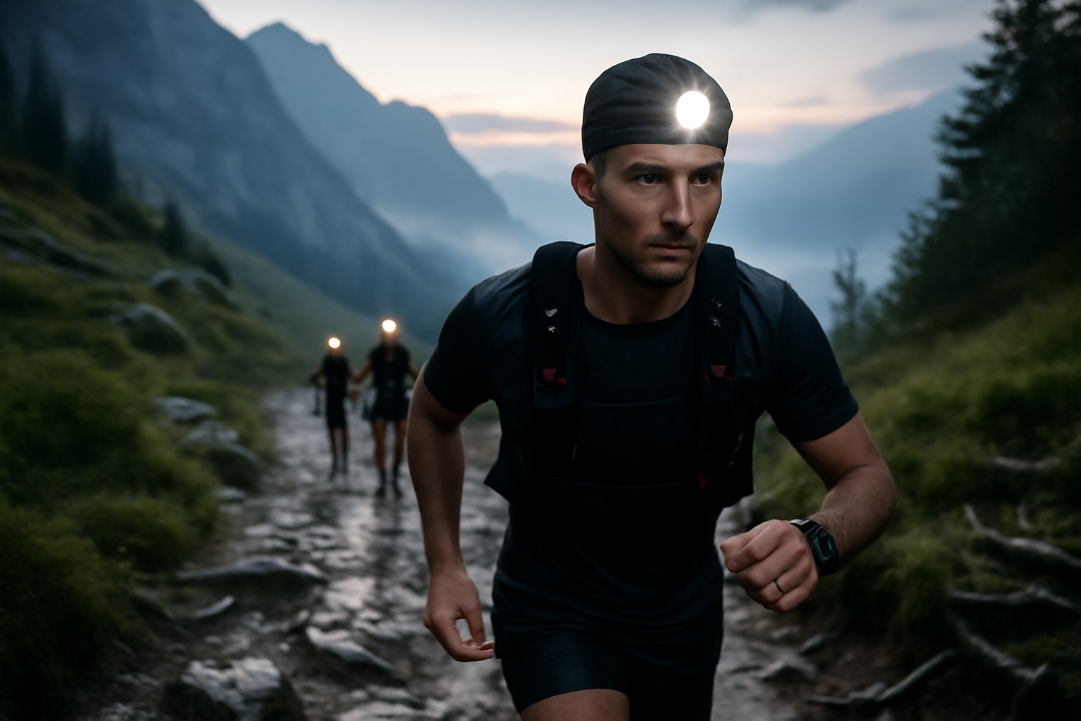 course tds sur sentier alpin au lever du jour, coureurs avec sacs de trail et bâtons