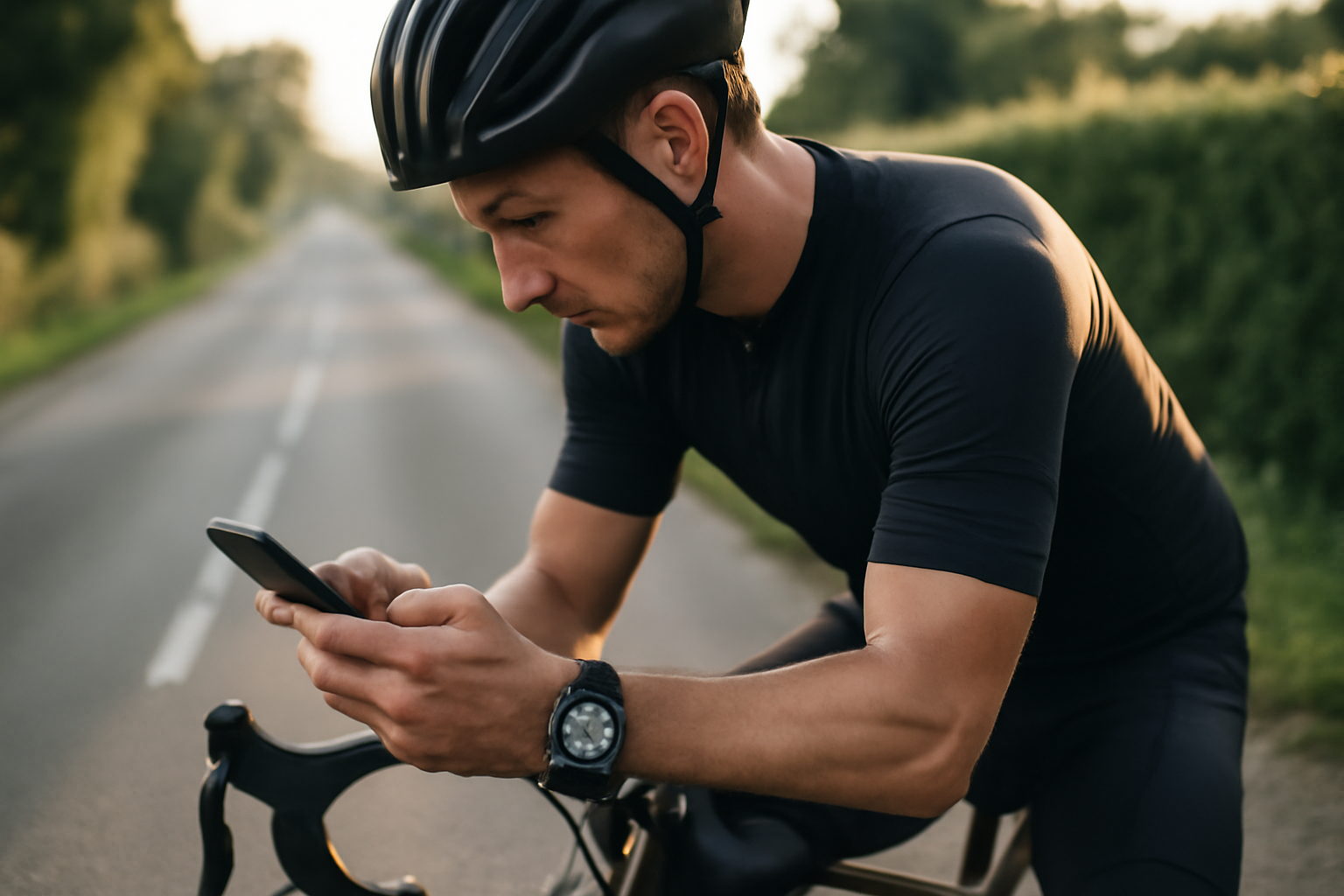 Montre GPS affichant des zones d’effort pendant une sortie vélo sur route en lumière du matin