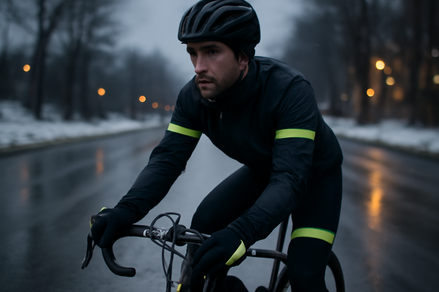 Cycliste en hiver sur route avec équipement réfléchissant et lumière, montre affichant une séance d’entraînement