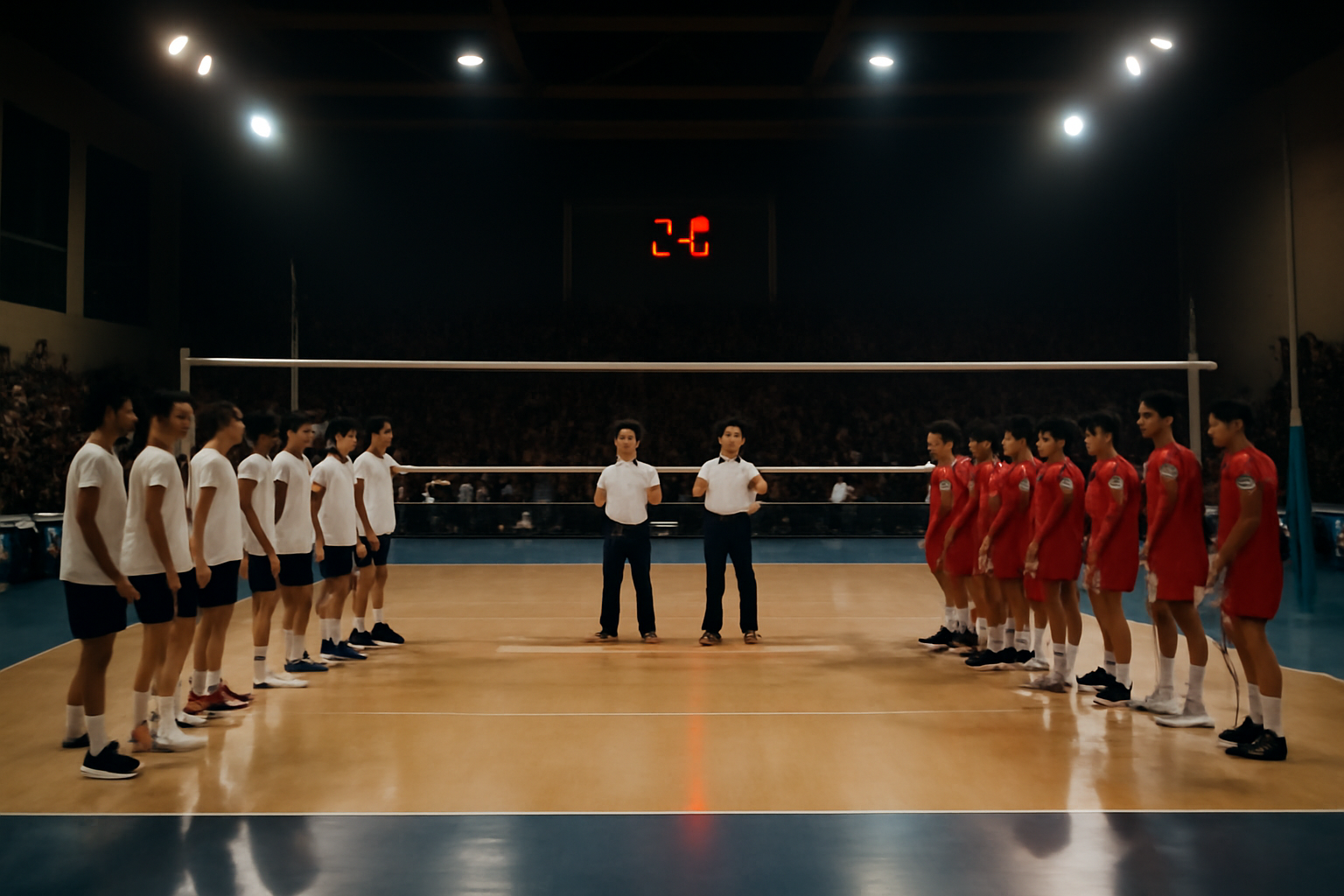 Finale volley ball : salle comble, joueurs en tenue et arbitres au premier plan