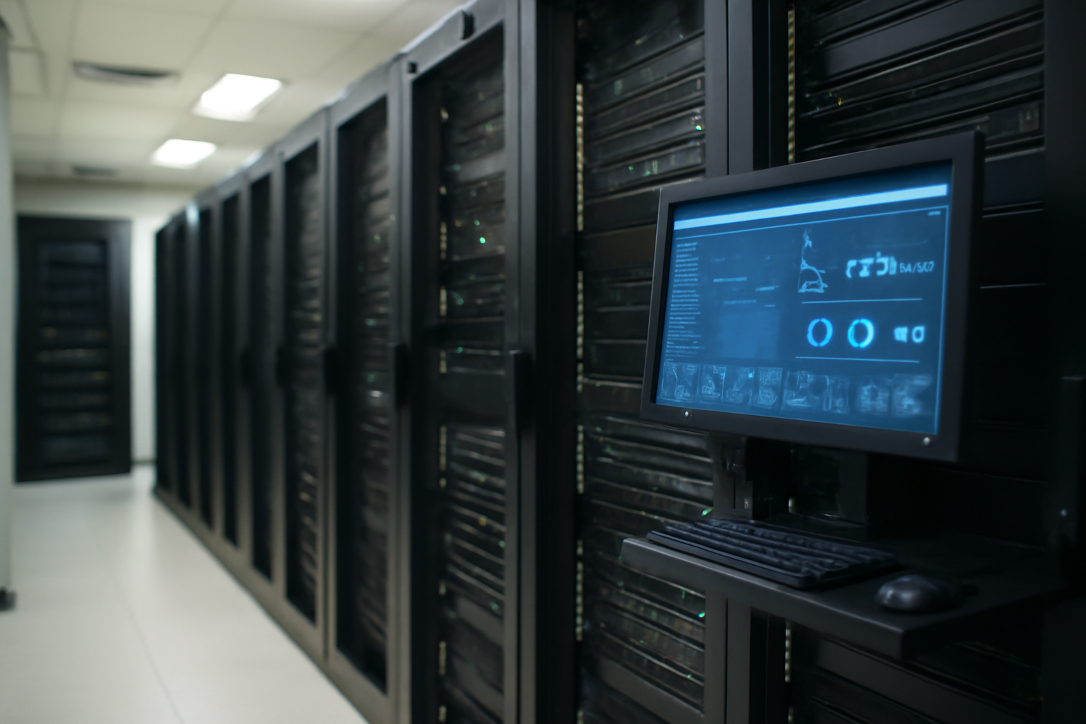 Salle serveurs avec baies informatiques et écran de supervision pour l’hébergement du site