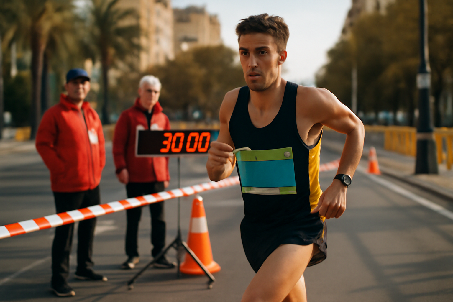 record monde 10 km homme : course d’athlétisme sur route à Valence, chronomètre et athlète en action