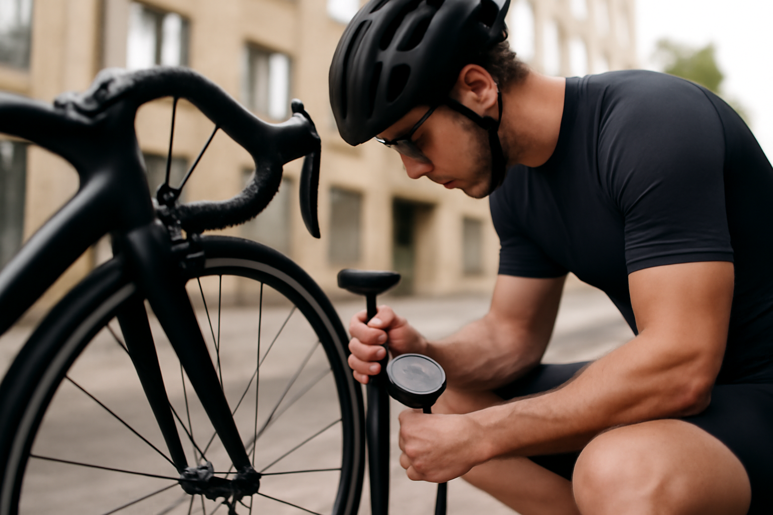 Contrôle de la pression des pneus sur un vélo en extérieur, pompe manuelle et jauge de pression, sous lumière naturelle