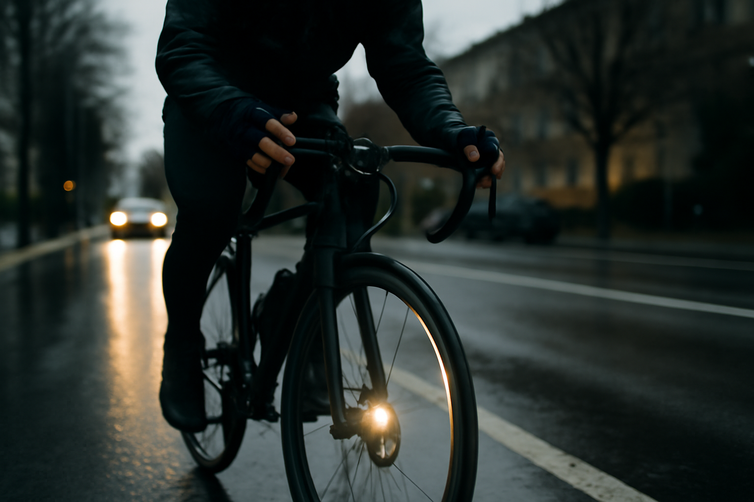 Geste de freinage sécurisé sur route humide, cycliste avec éclairage avant, distance de sécurité