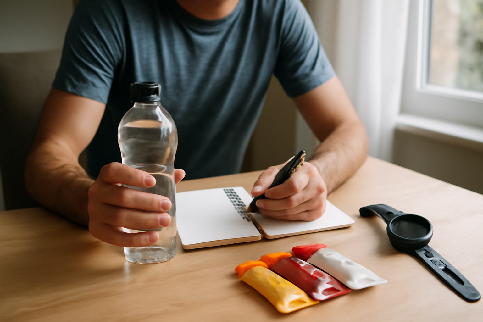 Planification d'une sortie longue avec bouteille et gel énergétique sur table, carnet et montre GPS