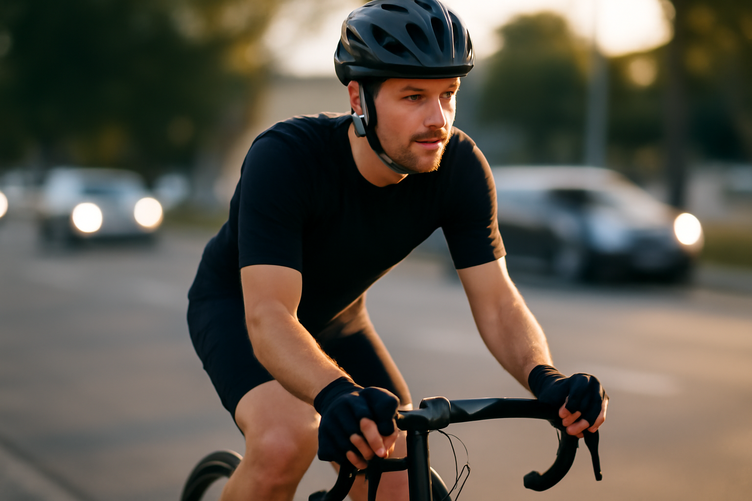 Cycliste en sortie urbaine avec posture efficace et mains sur les cocottes, cadrage photoréaliste sur la technique