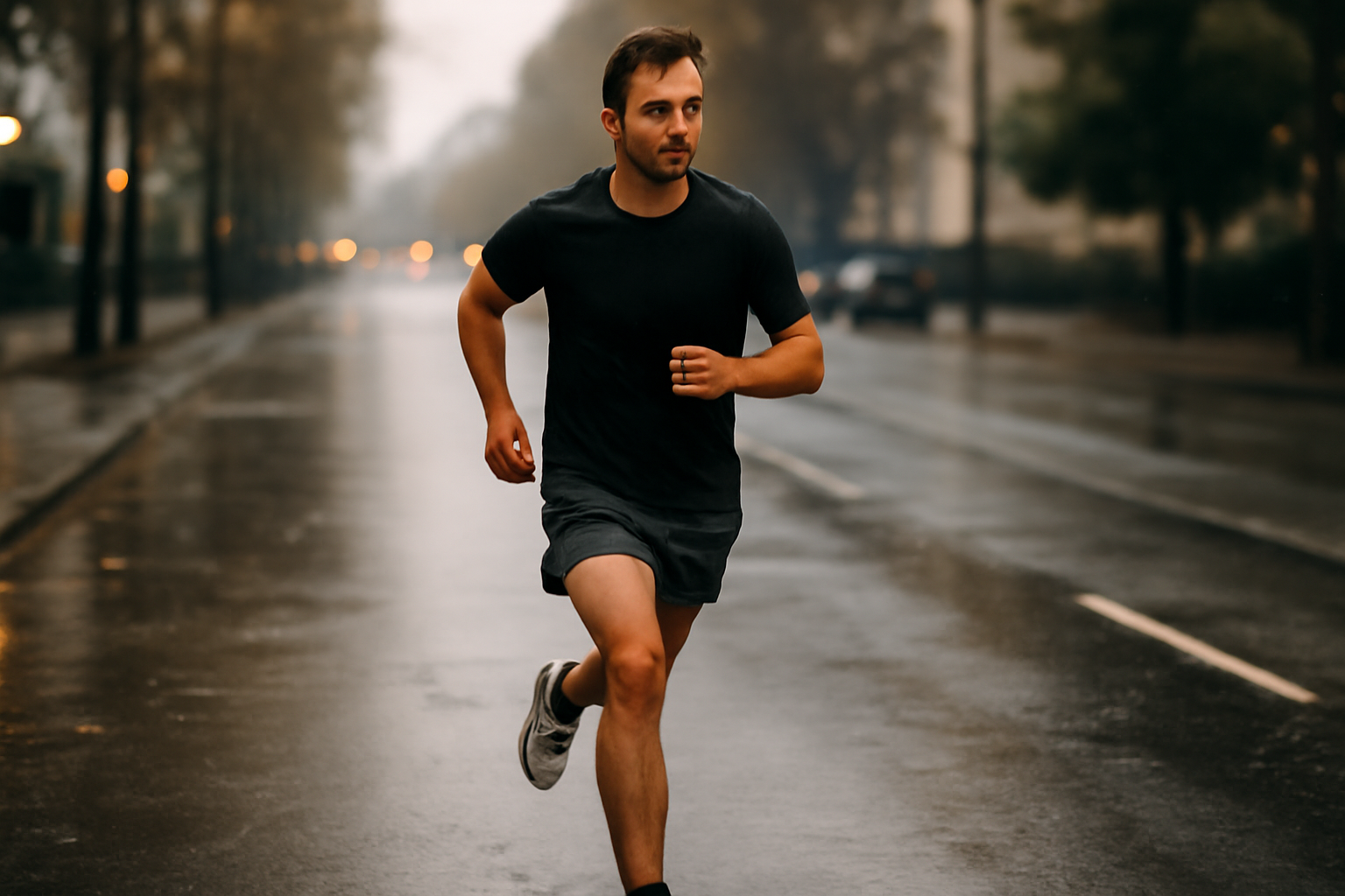 Runneur sur route humide avec posture stable et cadence régulière, photo photoréaliste axée sur la technique