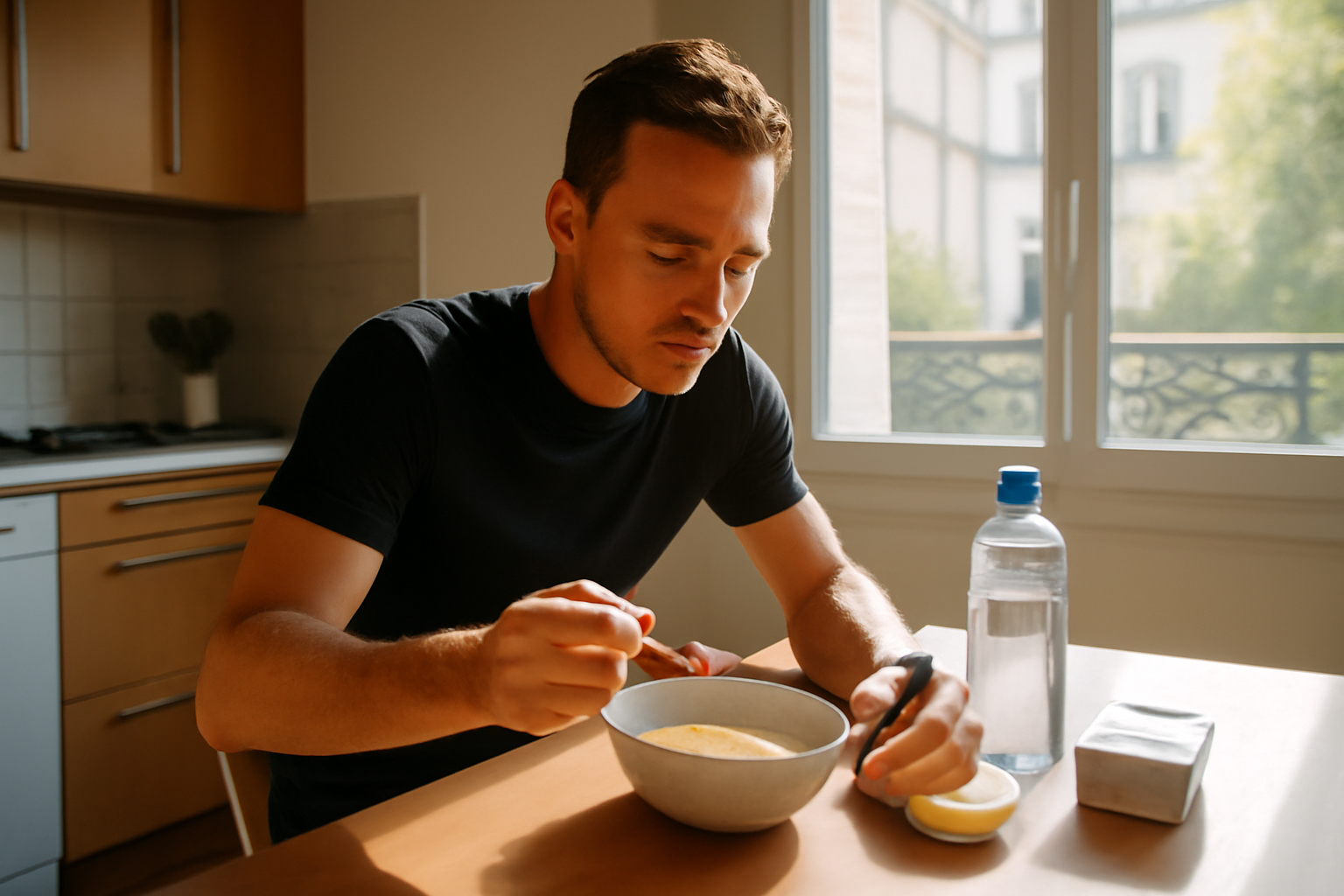alimentation avant marathon : coureur préparant son repas simple dans une cuisine, matin clair