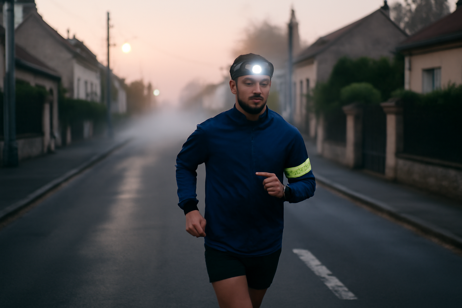 courir le matin : coureur avec brassard réfléchissant au lever du jour
