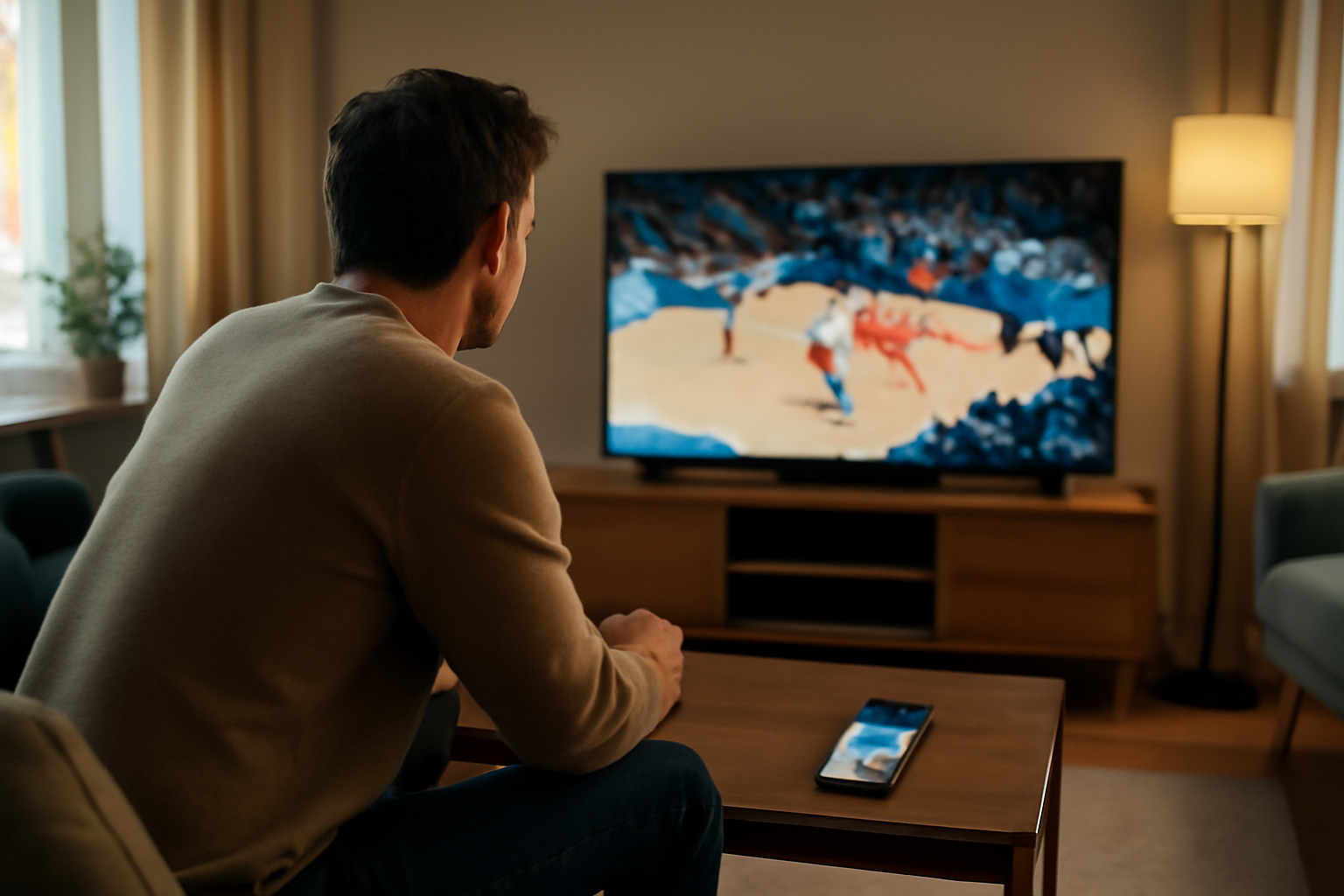 Euroleague television sur smartphone et TV connectée dans un salon français, lumière du soir