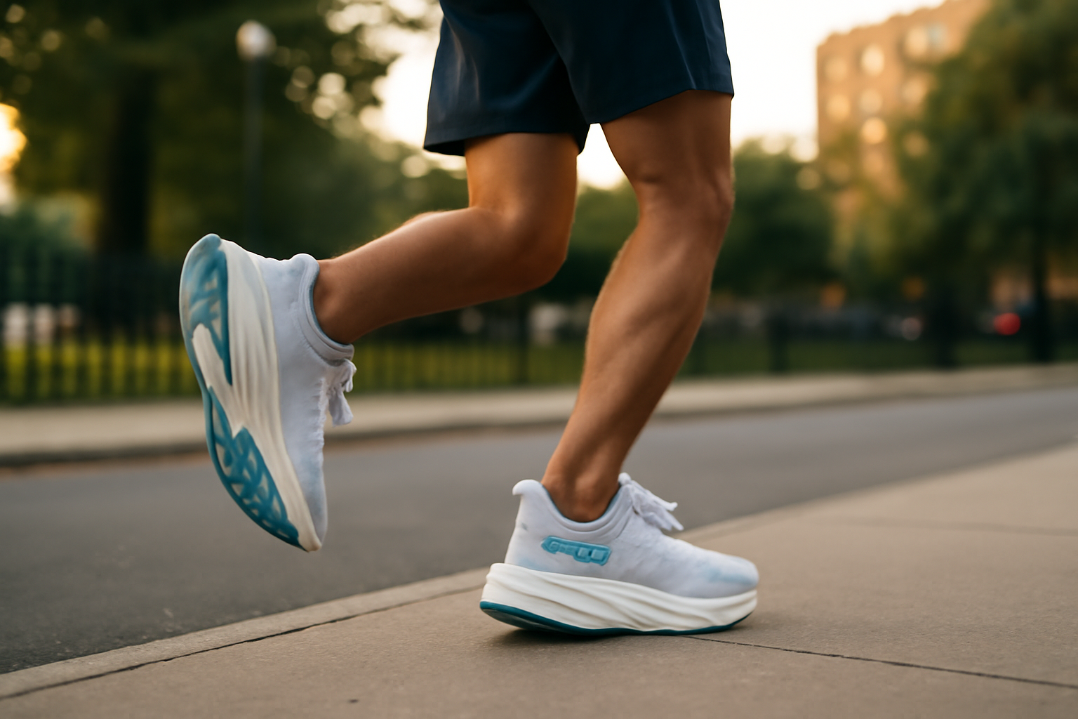 Hoka Clifton 10 sur route urbaine au soleil, chaussures de running et trottoir