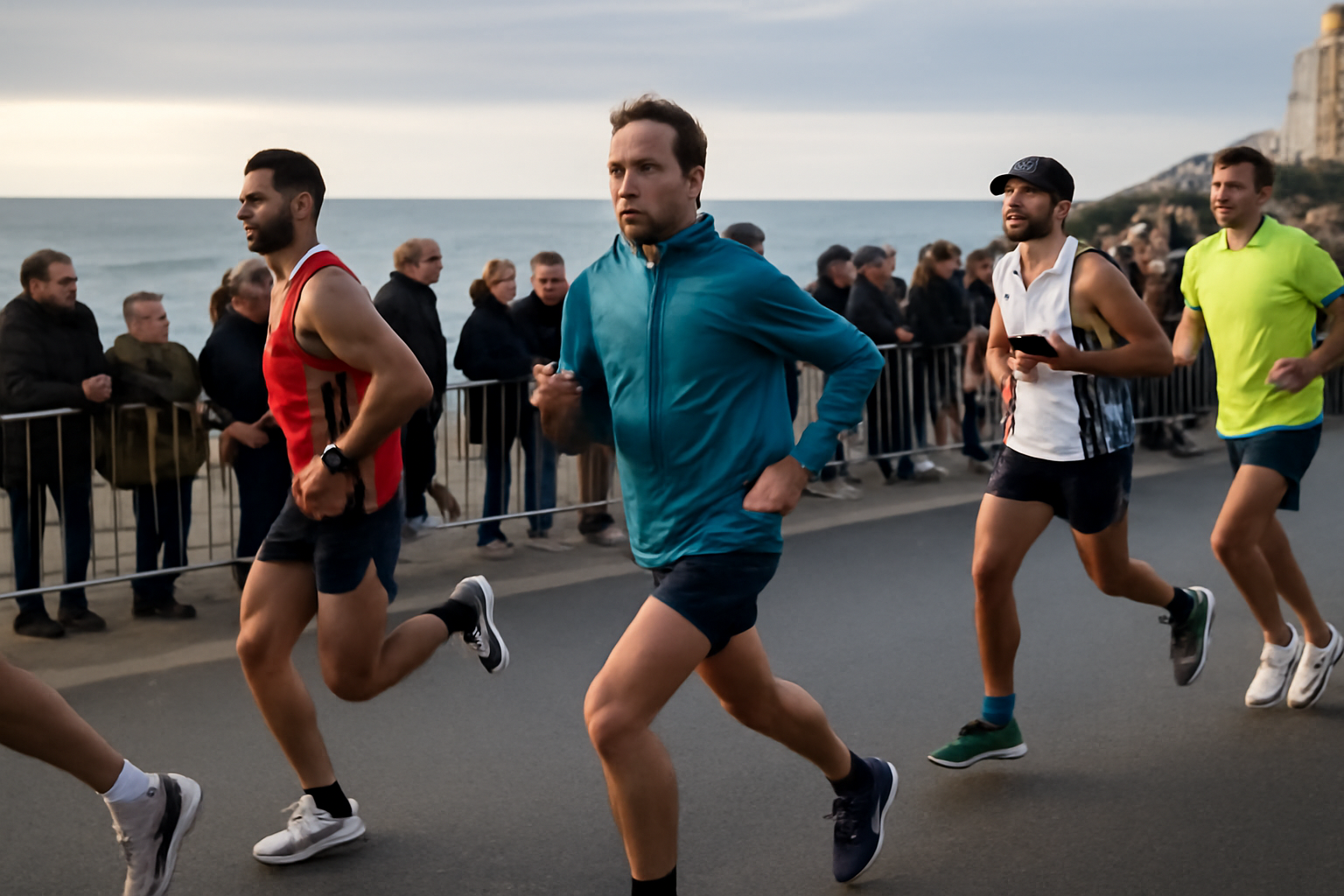 marathon biarritz 2026 sur le front de mer des Landes, coureurs en tenue légère, lumière du matin