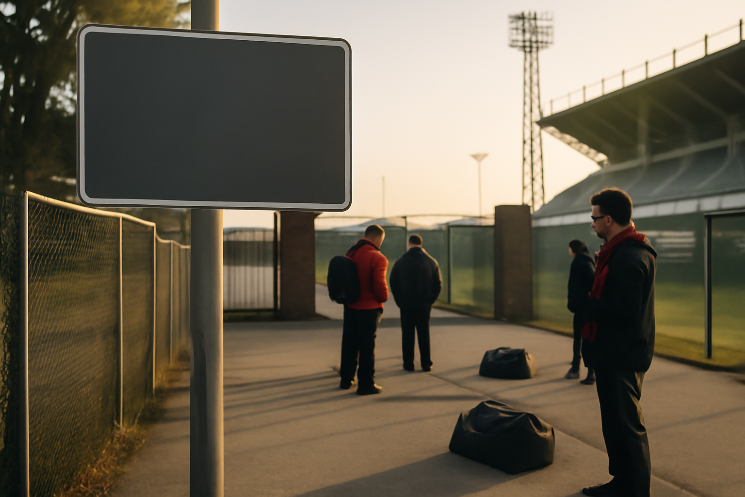 Entrée d’un stade de football à Sainte-Marienne, panneau d’accès et personnes attendant le match