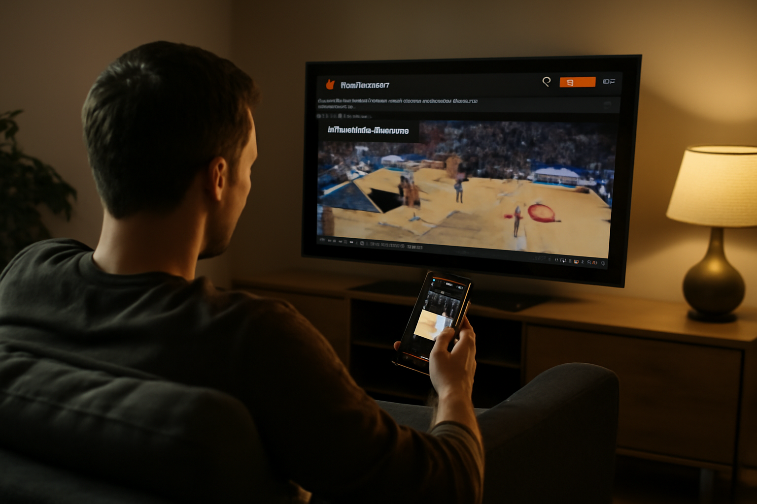 tv euroleague sur un écran avec le site EuroLeague TV ouvert, ambiance salon le soir, match de basket visible