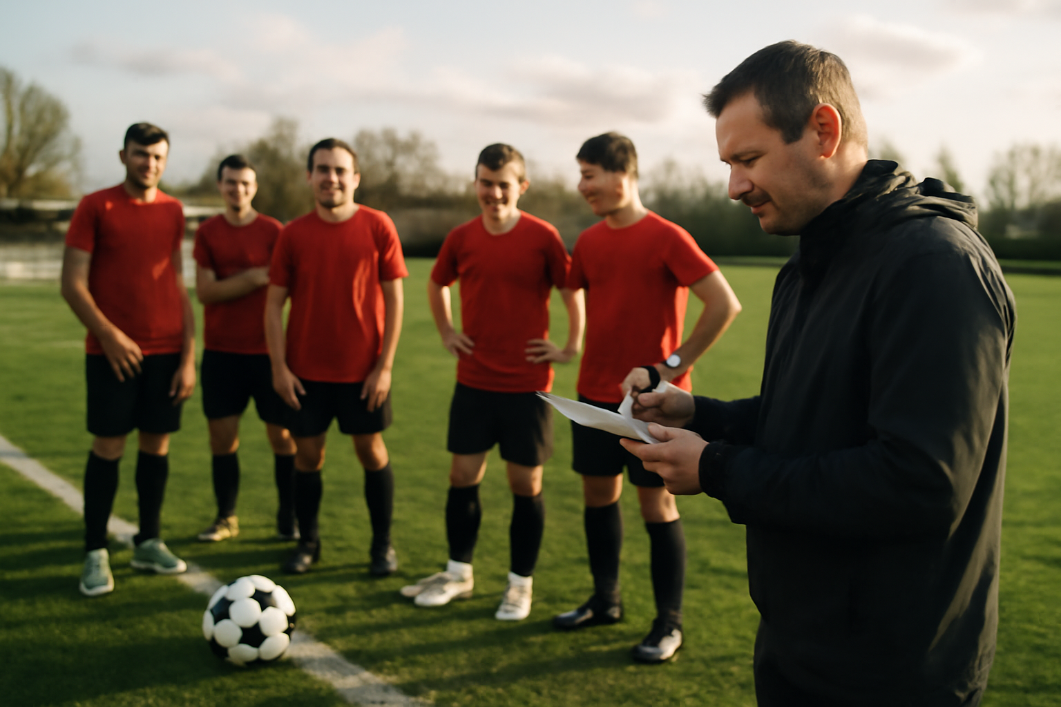 yvetot foot : équipe de football à Yvetot avant un match, stade local sous ciel de printemps