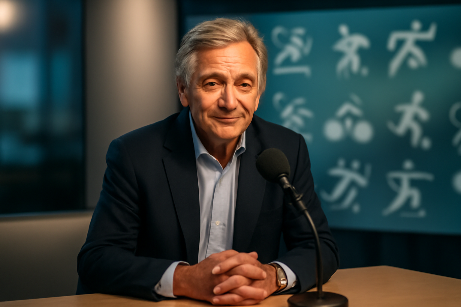 Photo réaliste de Gérard Holtz en studio TV, micro et arrière-plan sportif, lumière naturelle, style reportage