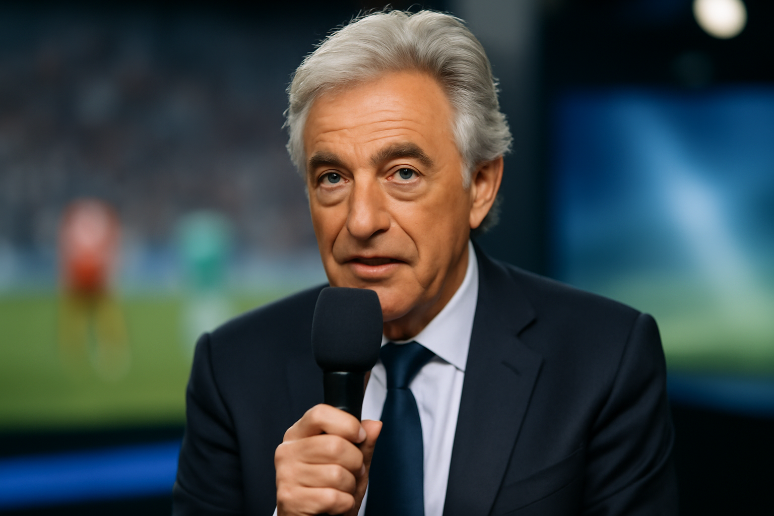 Gérard Holtz en interview, micro en main, plateau TV moderne, fond sportif flouté, photo réaliste