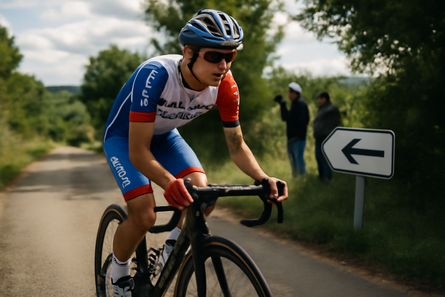 Lenny Martinez sur route, tenue de course et vélo sur un circuit en France, lumière du matin