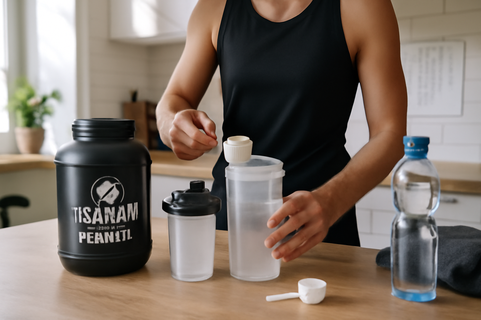 Tsunami nutrition : pot de protéine et shaker sur une table de cuisine, lumière naturelle