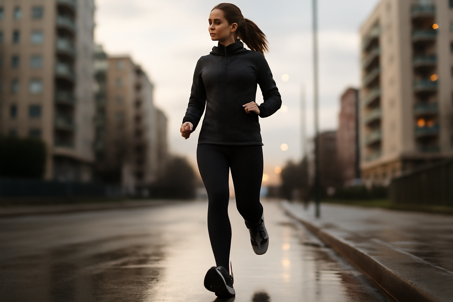 basket running femme sur bitume mouillé, test en extérieur