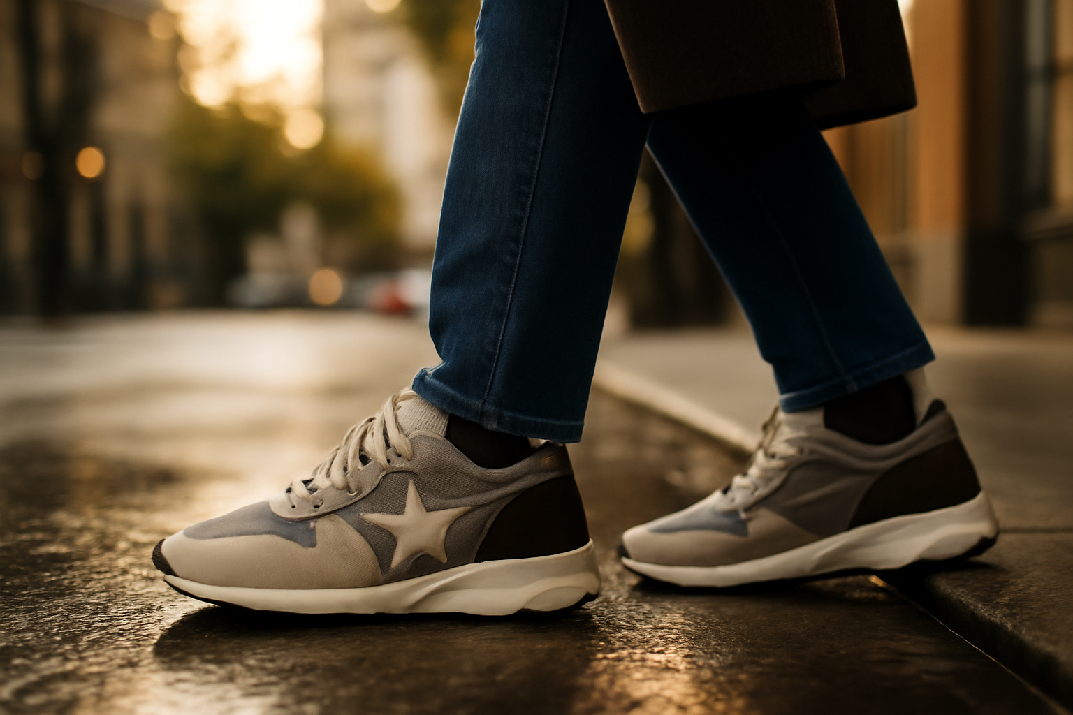 golden goose running homme premium, étoile TPU et semelle haute sur trottoir humide
