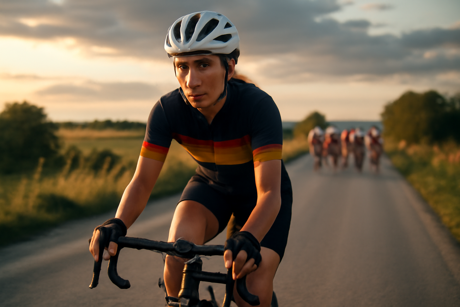 Maeva Squiban, coureuse cycliste sur route en course, maillot d’équipe et vélo de route, lumière de fin de journée