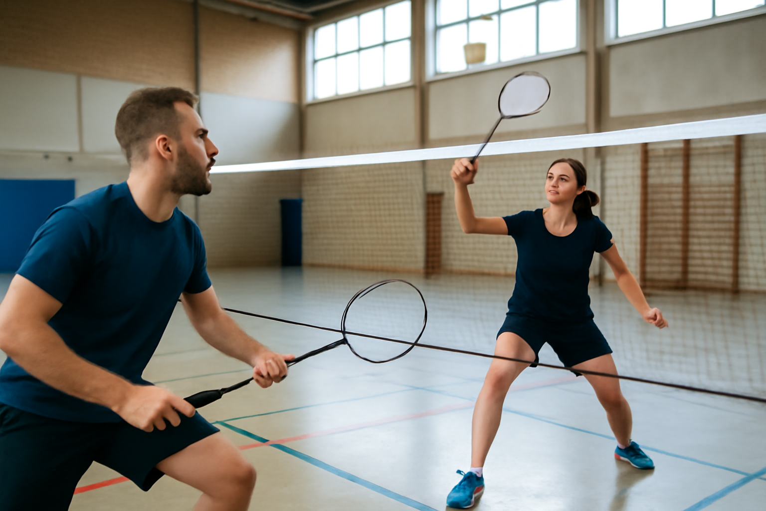 sport en a : entraînement de badminton en club sous un éclairage de gymnase