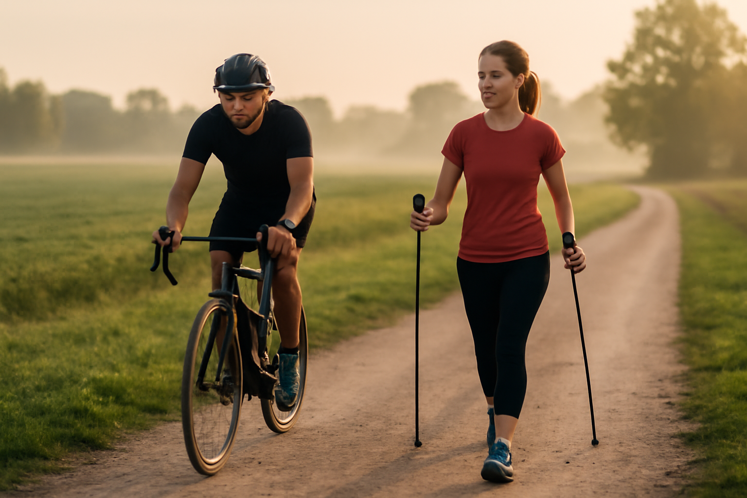 sport en n : marche nordique en extérieur avec bâtons sur un chemin de campagne