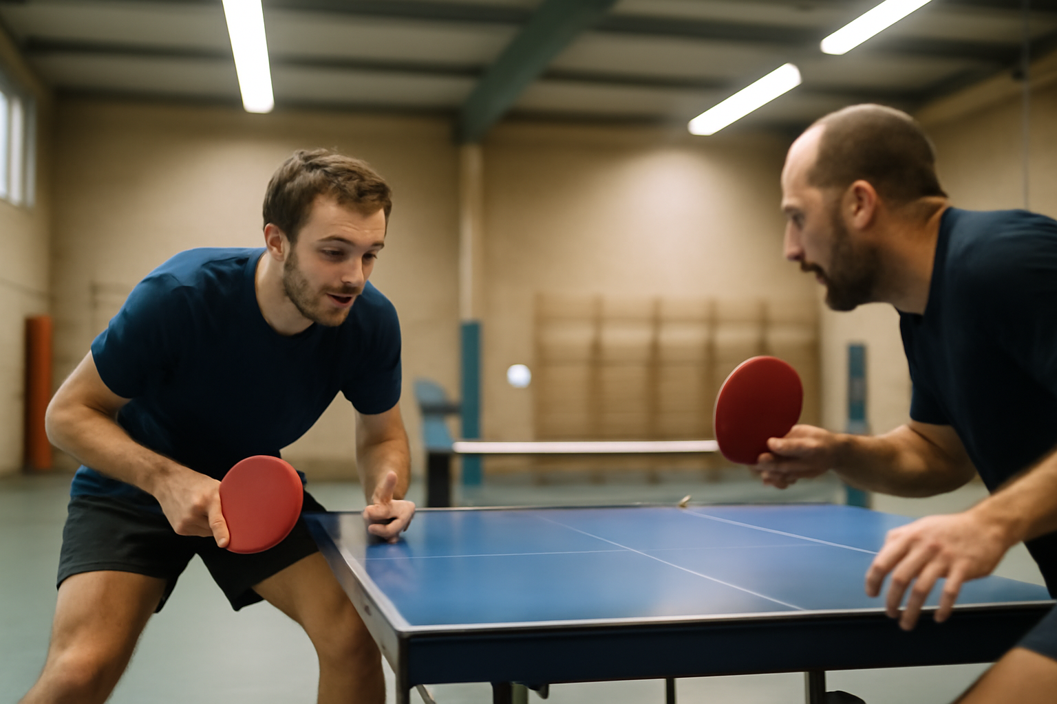 sport en p : joueur de ping-pong en salle, raquette et balle