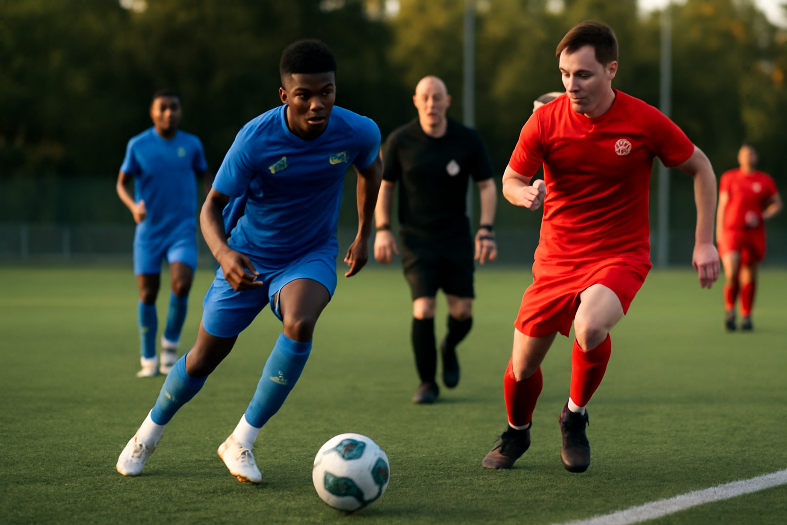 Match des u17 nationaux sur terrain de football en France, ballon au sol et joueur en action, lumière de fin d’après-midi