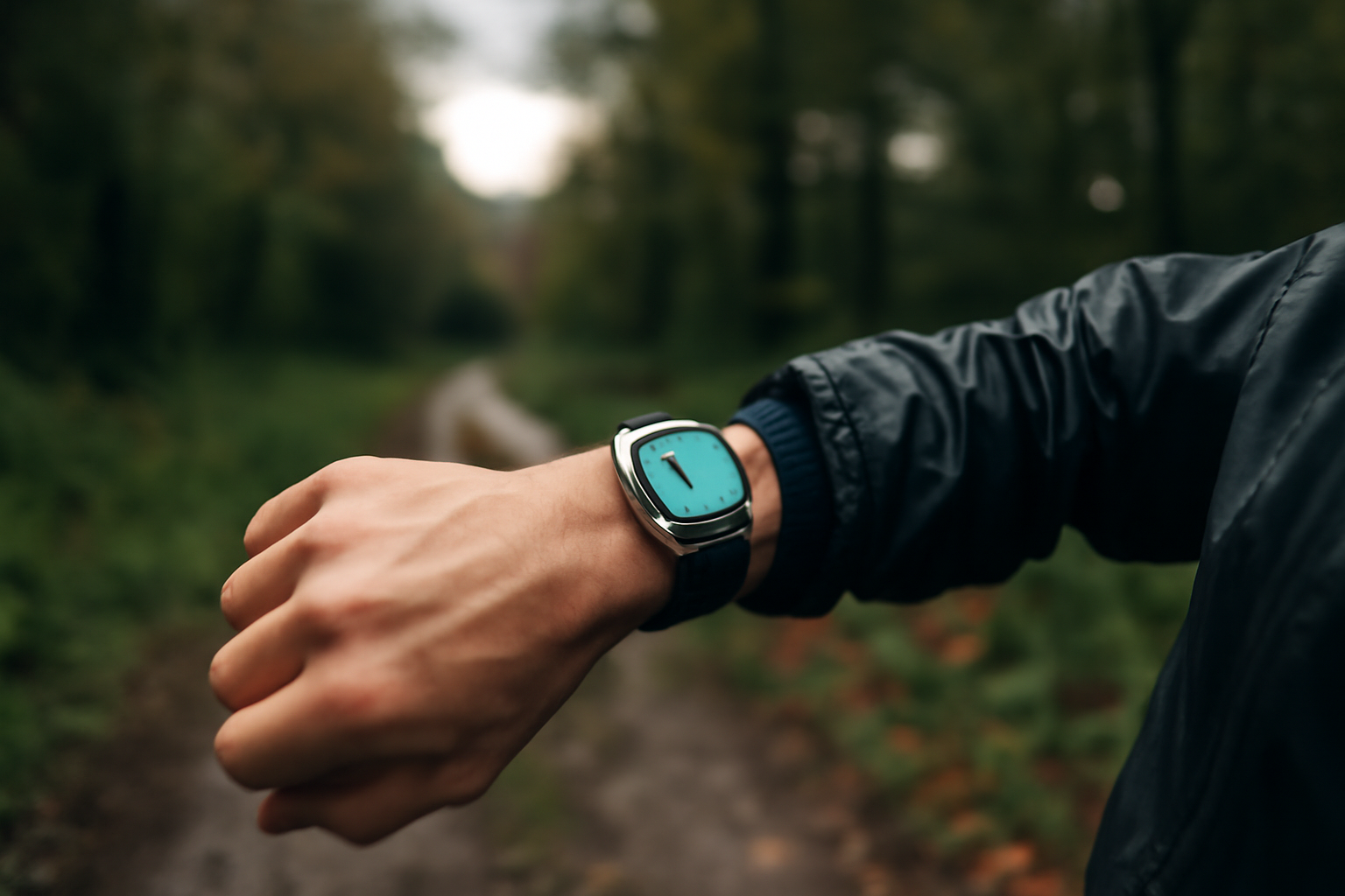 Apple Watch Ultra 4 sur le poignet en sortie trail sous le ciel nuageux