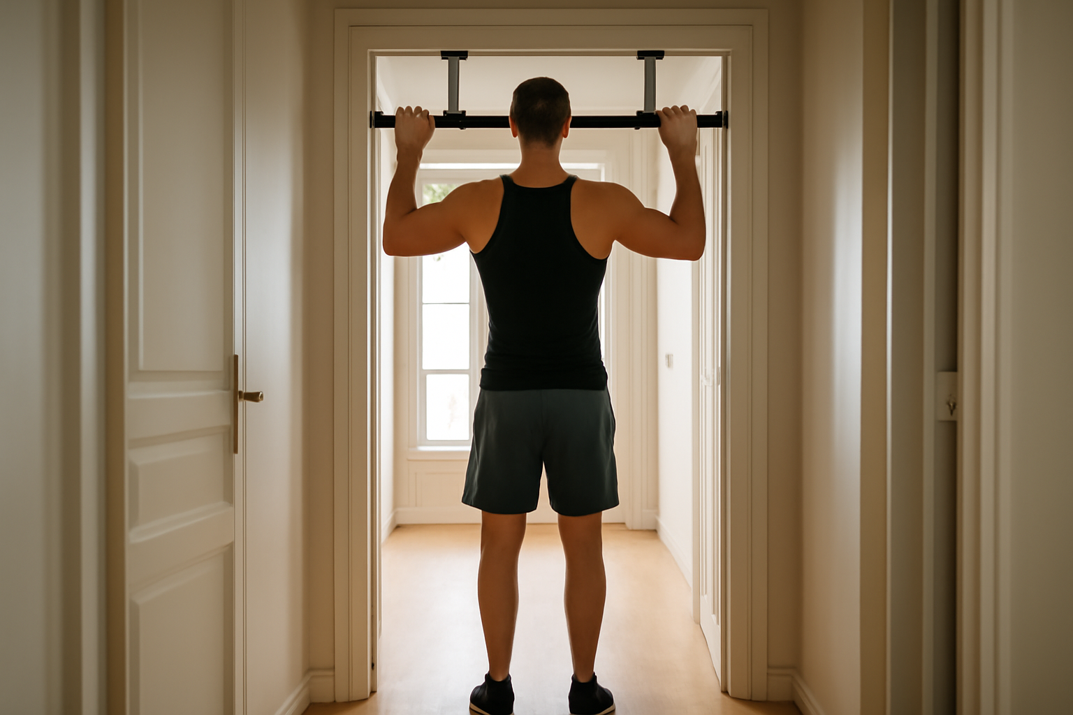 Barre de traction fixée sur un cadre de porte, utilisation à domicile en lumière naturelle
