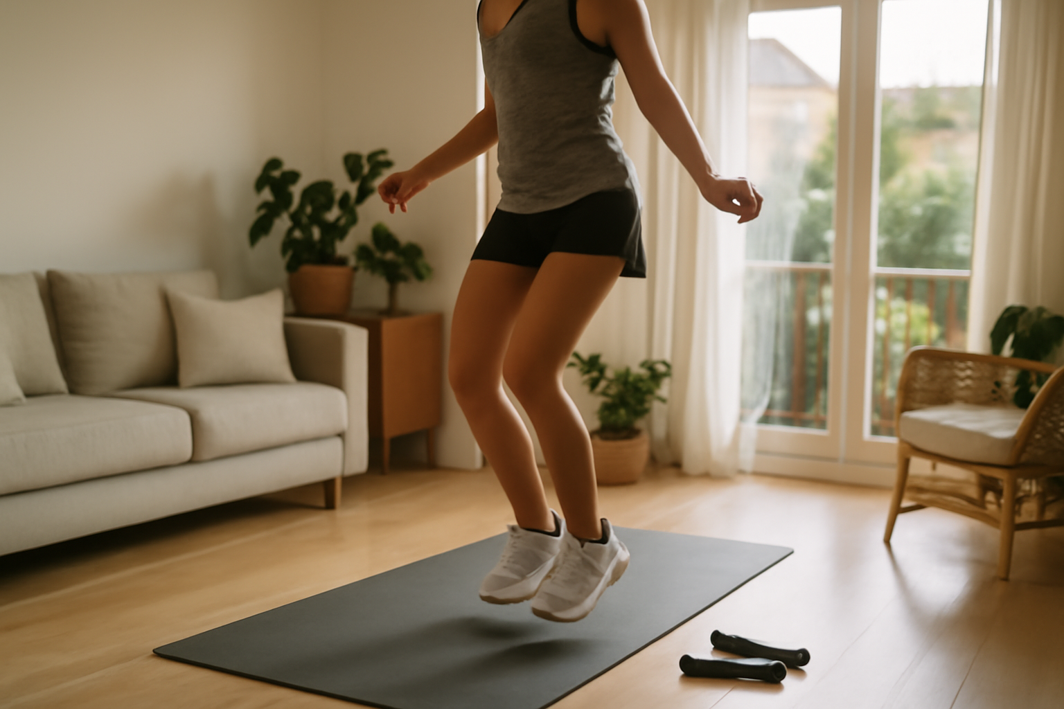 Corde a sauter sans corde avec compteur sur tapis de sport en intérieur, lumière naturelle, poignées noires et écran affichant le nombre de sauts
